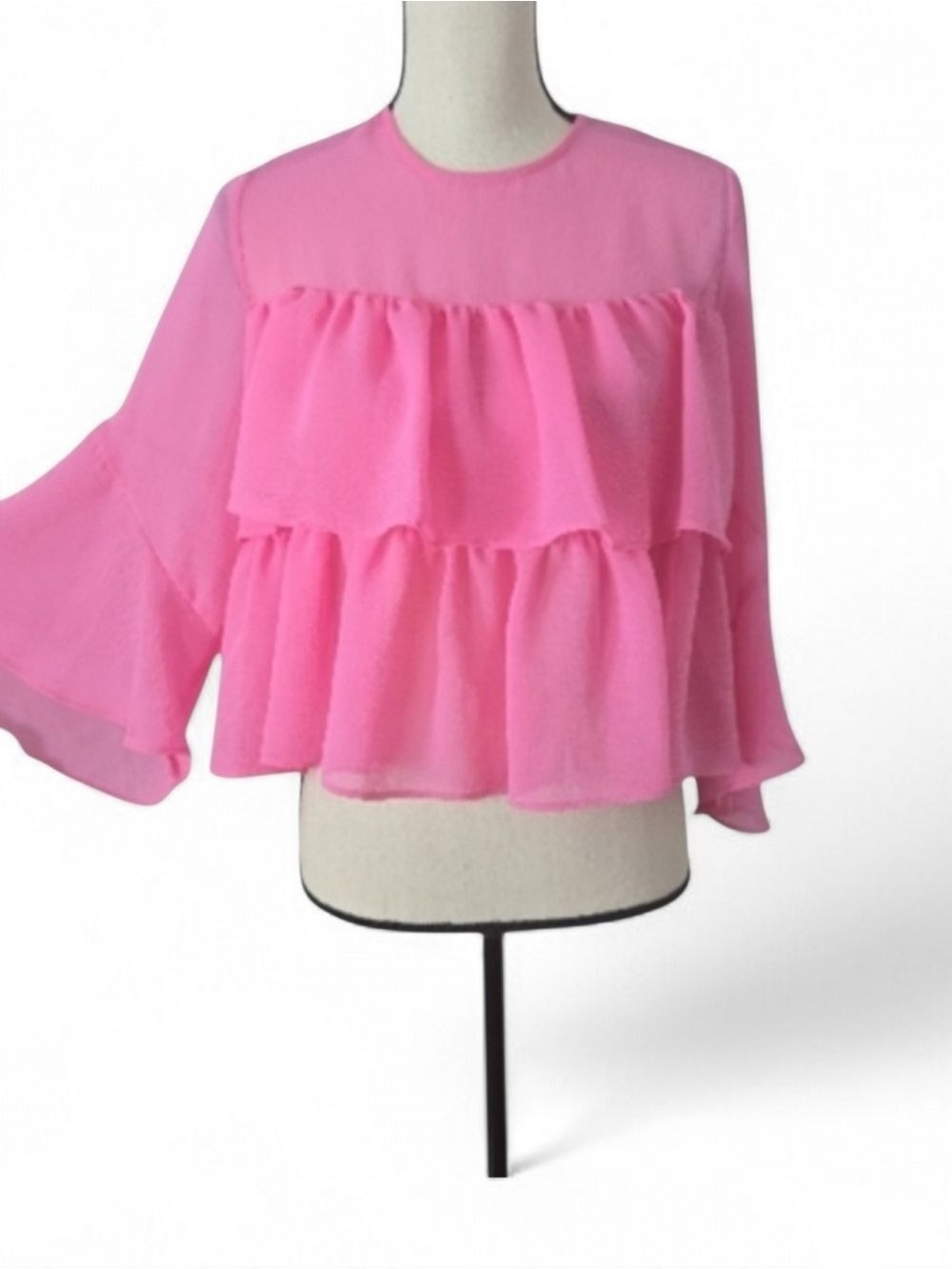 Zara Bubblegum Pink Chiffon Tiered Ruffle Blouse XS - Picture 5 of 9